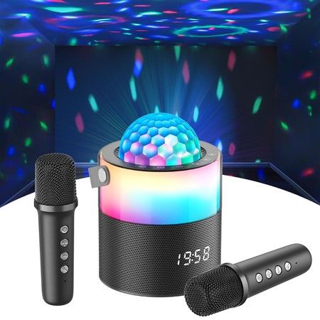 Karaoke Machine Mini Wireless 2 Mics Portable Bluetooth Speaker Singing Disco LED Lights Travel Home Party Gift Black