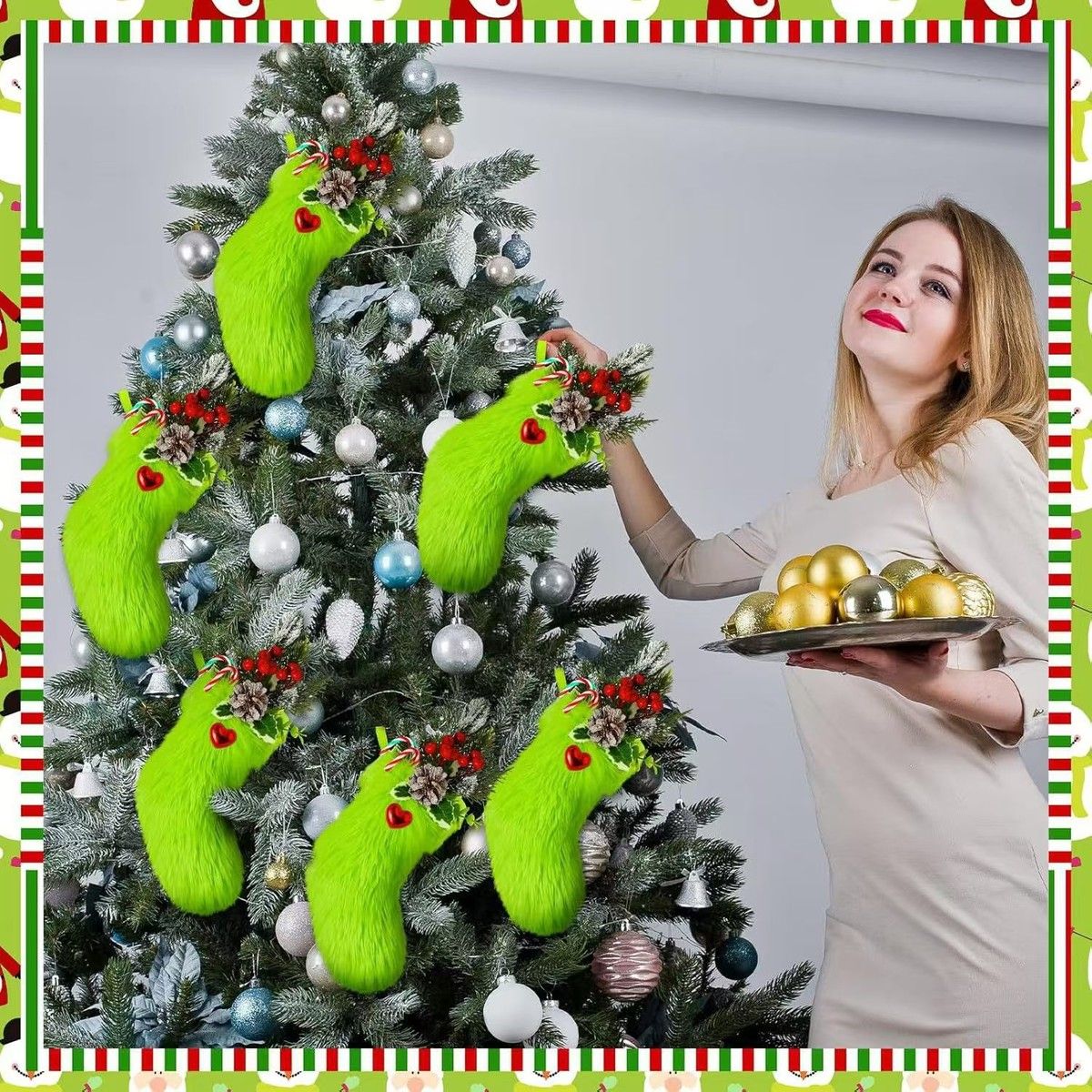 1Pc Green Christmas Stocking Decorations,Green Elf Christmas Socks Hanging Decorations For Fireplace Christmas Tree Decorations