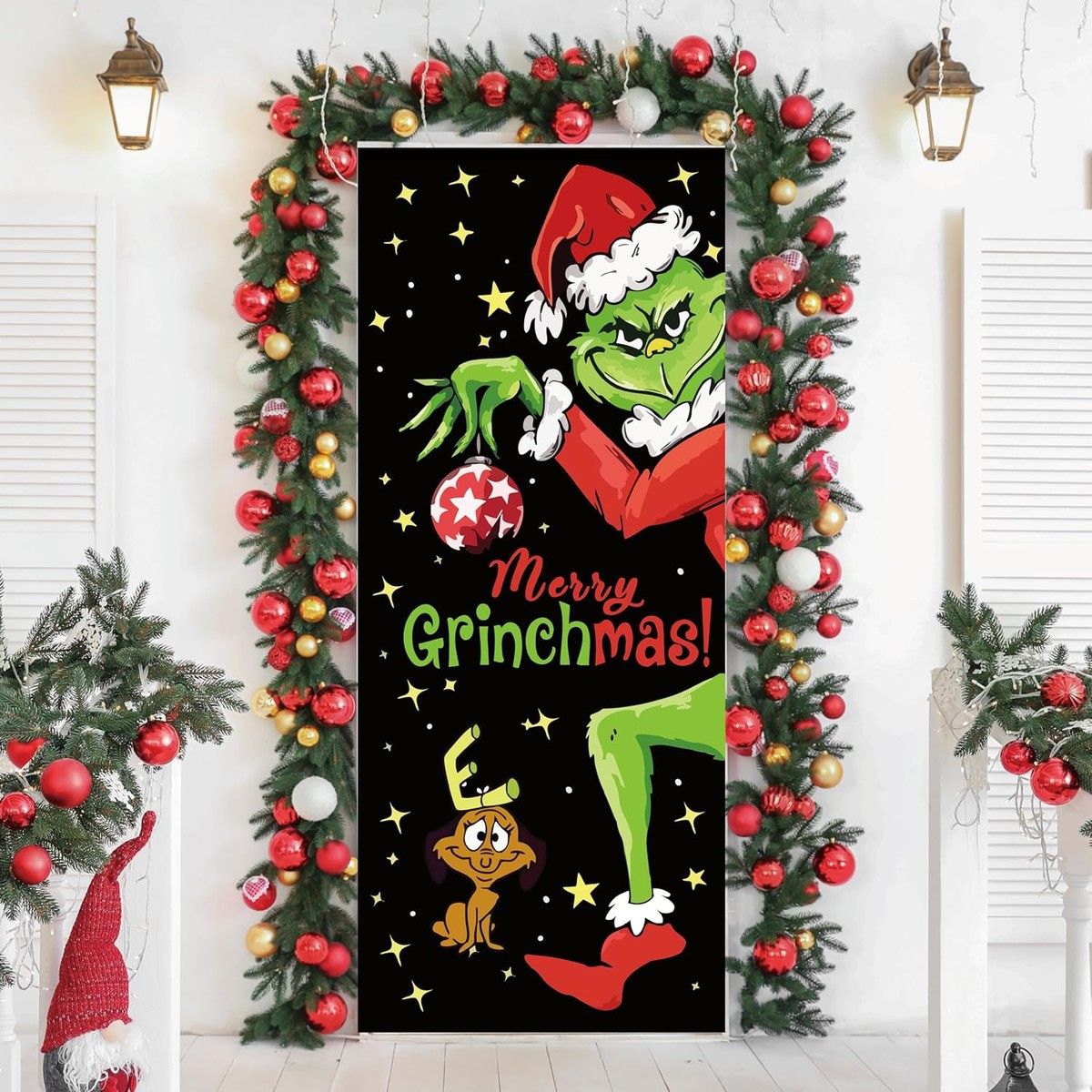 Grinch Door Cover Decorations for Christmas, Holiday Backdrop Banner for Front Door, Outdoor and Indoor Winter Party Decor, 90 x 180 cm