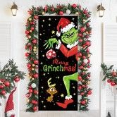 Grinch Door Cover Decorations for Christmas, Holiday Backdrop Banner for Front Door, Outdoor and Indoor Winter Party Decor, 90 x 180 cm