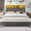 Double Size Bed Frame LED Mattress Base Bedroom Furniture Upholstered Platform Foundation Adjustable Wooden Fabric with Storage