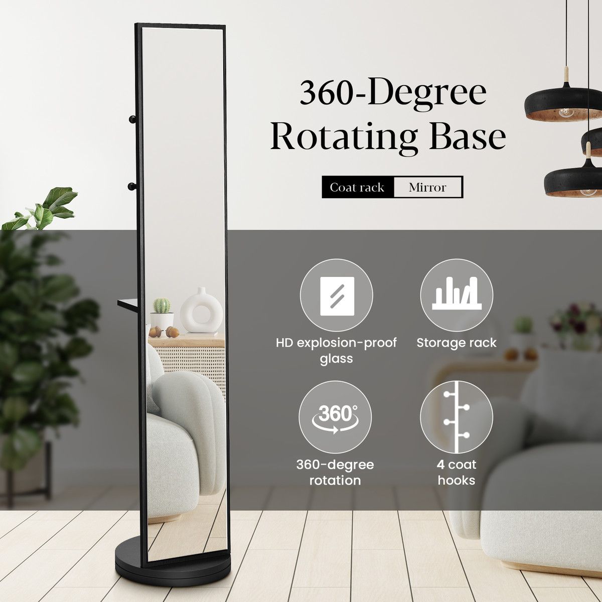 Full Length Body Mirror Large Long Tall Floor Free Standing Rotating Stand Up Alone Makeup Dressing Home Decor Black with Storage