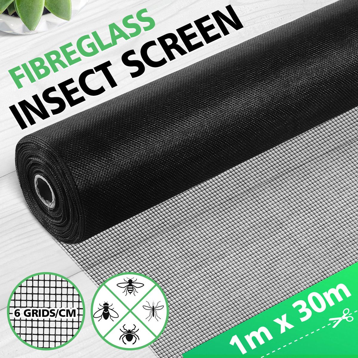 Fly Window Screen Mesh 30x1m Mosquito Netting Balcony Privacy Door Insect Bug Pet Net Fibreglass Sun Shade Roll Black for Garden Porch Patio