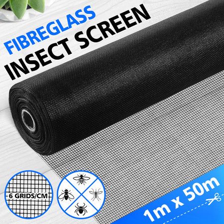 Fly Window Screen Mesh 50x1m Mosquito Netting Privacy Balcony Insect Bug Pet Door Net Sun Shade Fibreglass Roll Black for Porch Garden Patio