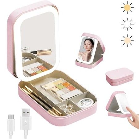 LED Lighted Travel Makeup Mirror Lights jewelry Box USB Power Light Colors Adjustable Brightness 3Colors Dimmable Portable  Gift Girl Women