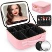 Makeup Bag Mirror LED Lighted Travel Makeup Train Case Cosmetic Bag Organizer Mirror Lights Make up Bag Light up Mirror Adjustable Divider Brush