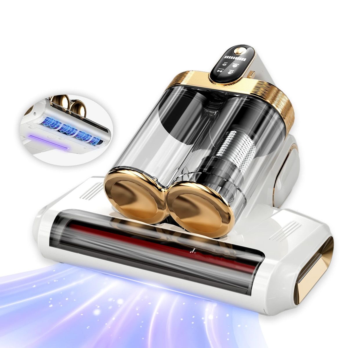 Mattress Vacuum Cleaner UV Sanitizing Cordless 13Kpa Suction Couch Bed HEPA Filter Ultrasonic Heating Double Cup 520ML Tech White