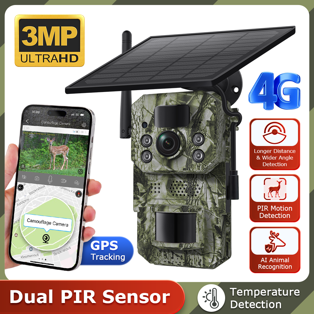 4G Hunting Camera Solar 3MP Solar Trail Camera IP66 Waterproof Game Camera with GPS
