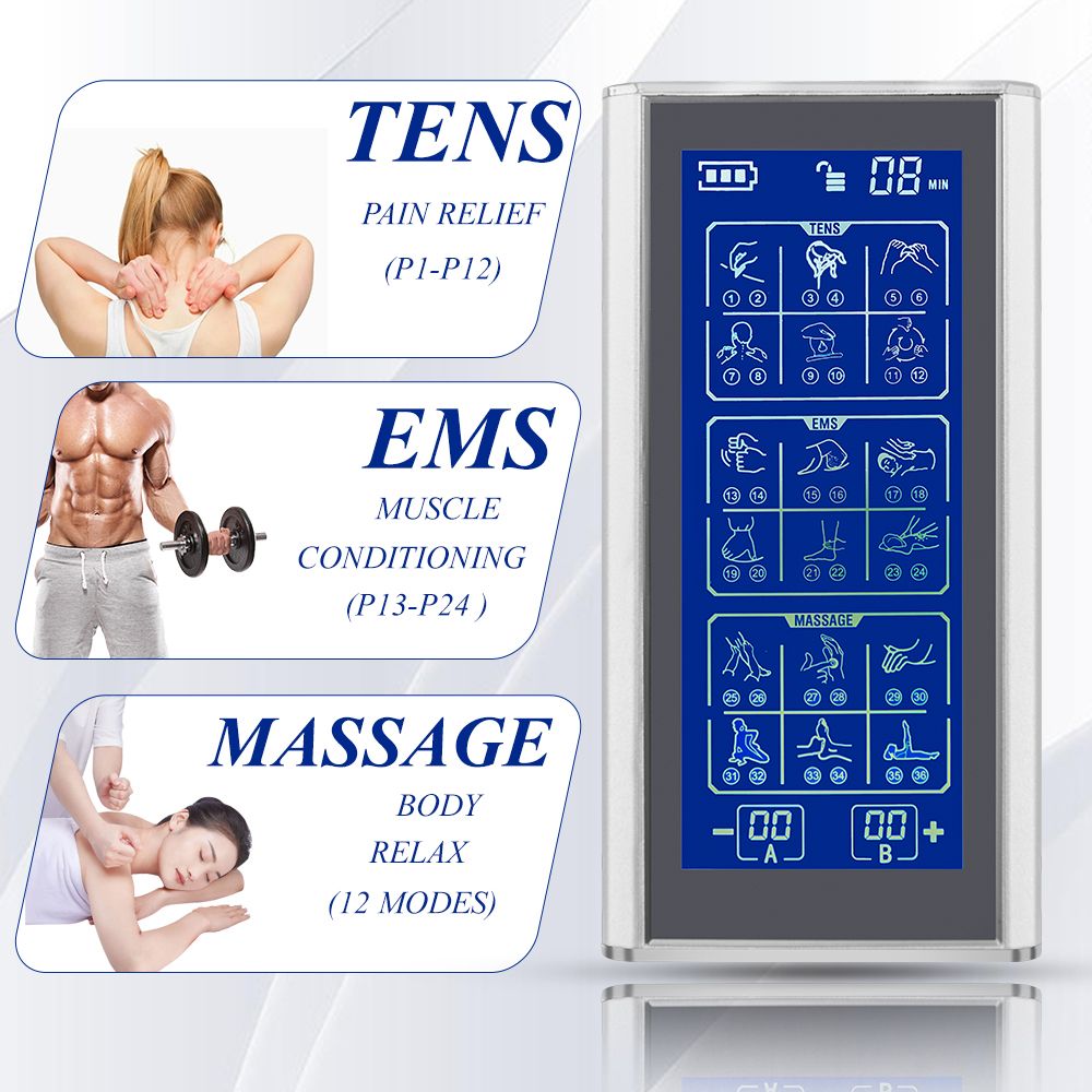 TENS EMS Machine Electric Muscle Stimulator Massager Portable Neck Nerve Back Knee Massage Device Rechargeable Professional Unit 36 Modes With Big Screen
