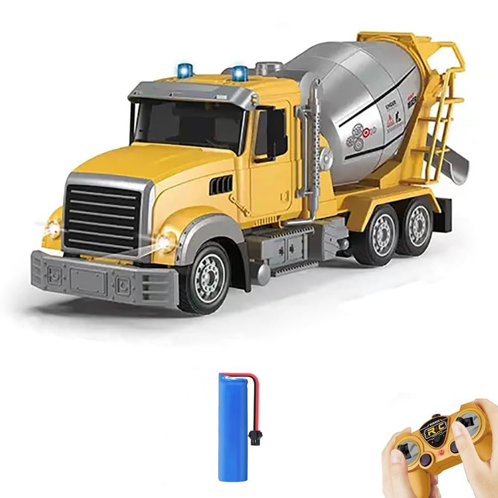 RC Cement Mixer Toy Truck Channel Construction Toys with 2 Rechargeable Batteries, 1:24 Auto Demo 360 Degree Stirring Vehicles with Lights, for Kids