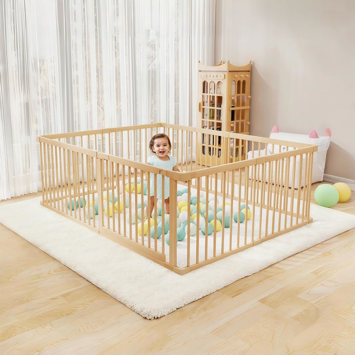 8 Panel Wooden Baby Playpen Large Size Baby Playard for Babies and Toddlers with Safety Gate