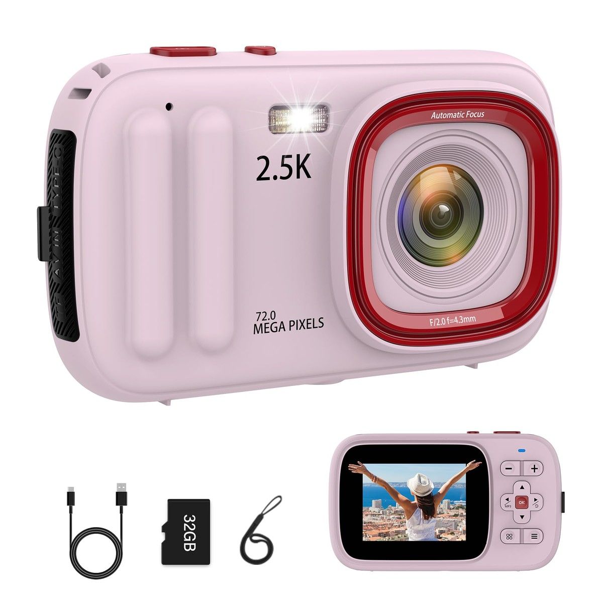 Digital Camera 72MP 2.5K Compact Point and Shoot Camera,16X Zoom Auto Focus,Vintage Camera with 32GB Card,Ideal Retro Camera Gift,Pink