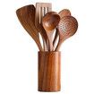 Wooden Spoons for Cooking, Cooking Utensils Set of 6 Natural Teak Wooden Cooking Spatulas with Utensils Holder, Kitchen Utensils for Nonstick Cookware