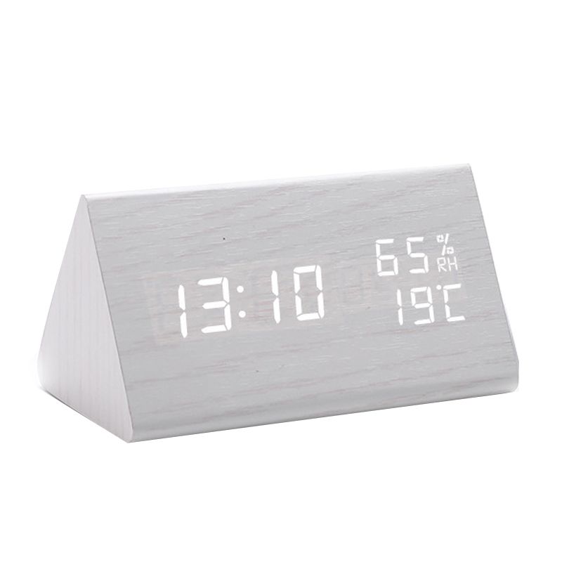 White Color Wooden Triangular LED Alarm Clock Desktop Digital ...