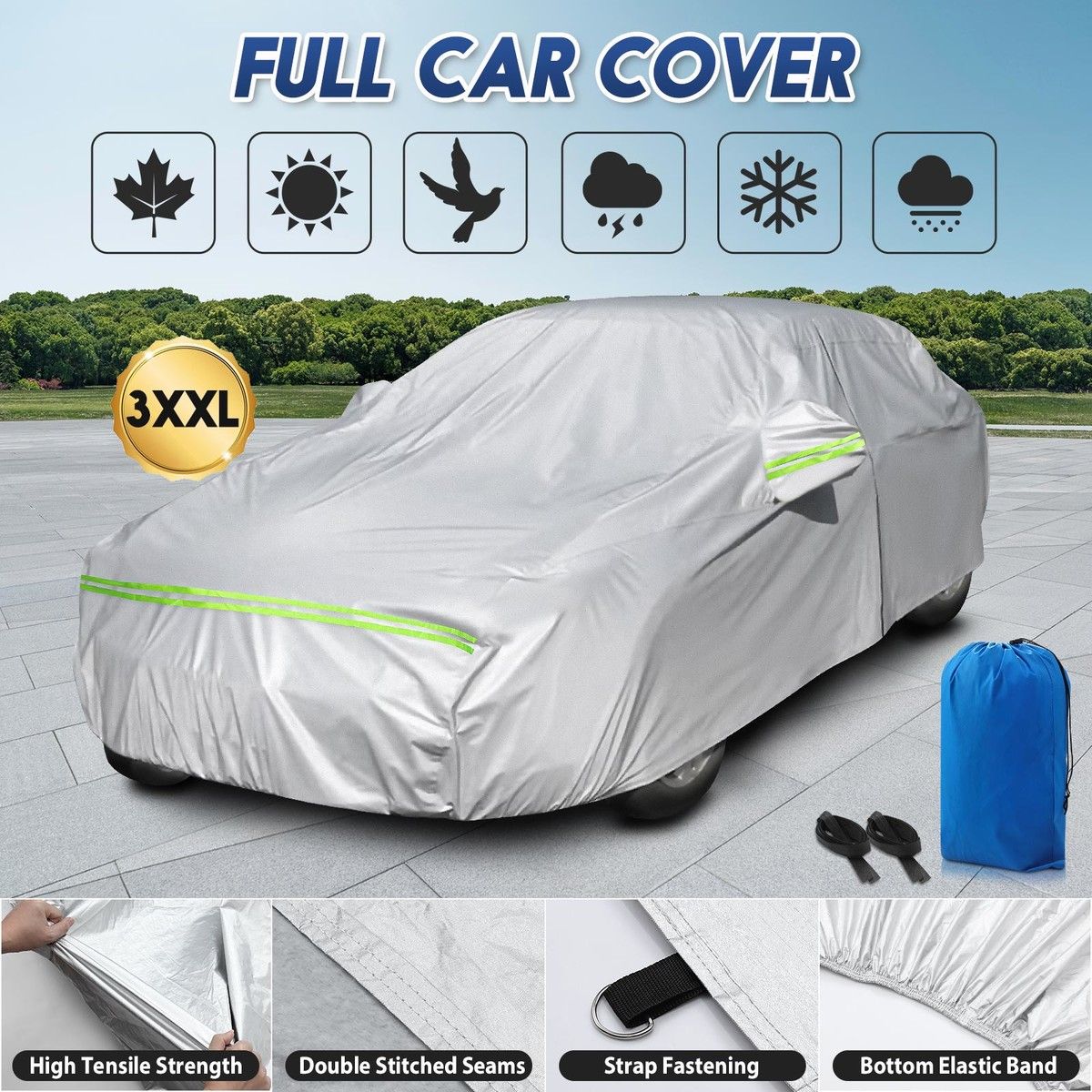Waterproof Car Cover Automobile Auto Outdoor Protection Heavy Duty All Weather Full Vehicle Protector Dust Wind UV Proof with Storage Bag 3XXL