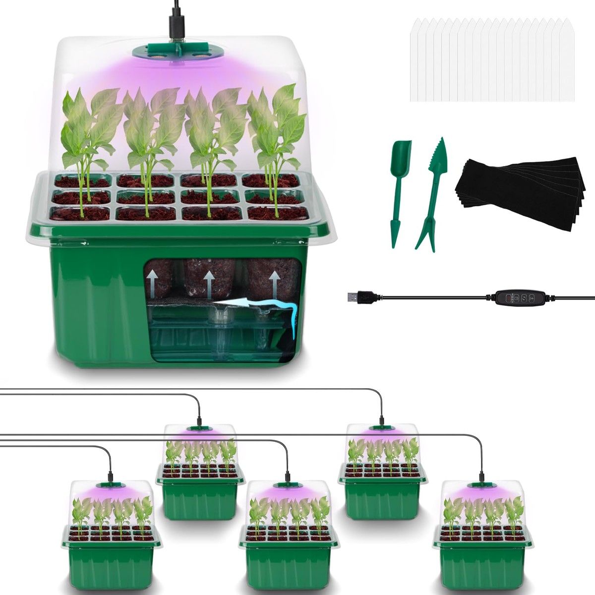 Self-Watering Seed Starter Tray - Kit with Grow Light and Humidity Dome,6-Pack 72-Cell Plant Seedling Tray,Reusable Plastic Germination Trays
