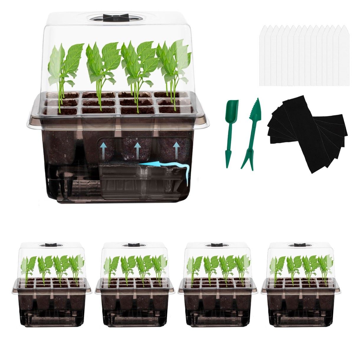 Seed Starter Trays Self-Watering - Kit with Humidity Dome,5-Pack 60-Cell Plant Seedling Tray,Reusable Germination Trays