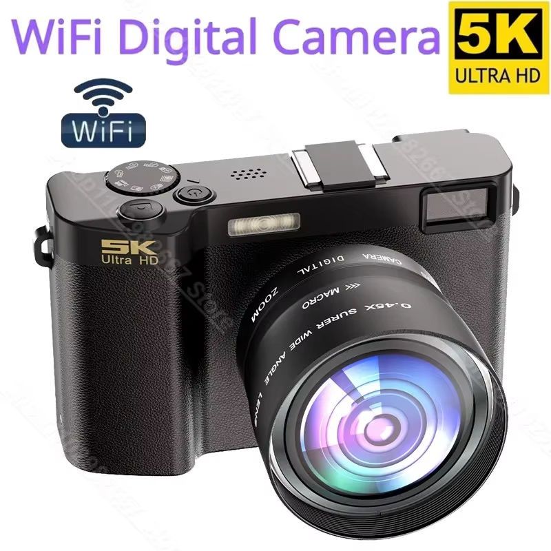 5K Professional Digital Camera Wide Angle Digital Zoom 64MP Camcorder Photography 3 Inch Screen Vlog Video Recorder WIFI Webcam Color Black