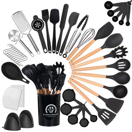Cooking Utensils Silicone 43Pcs Non Stick Heat Resistant Kitchen Spatula Wooden Handle Baking Black