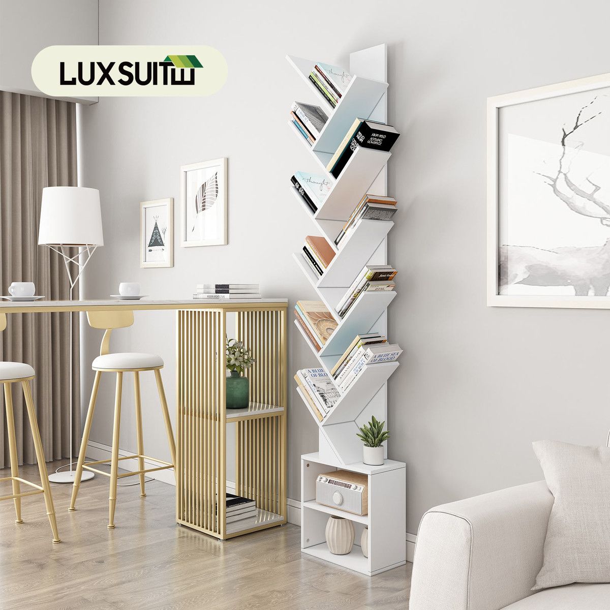 13 Tier Tree Bookshelf Bookcase Tall Wooden Storage Display Unit Corner Vertical Narrow Shelves Stand Heavy Duty Shelving Decorations White