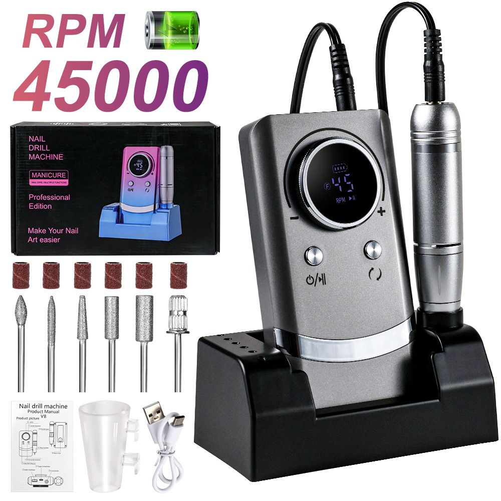 45000RPM Nail Drill Machine Kit Rechargeable Portable Poliher For Manicure With Nail Drill Stand For Salon And Home Use Color Grey