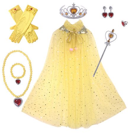 Yellow Frozen Princess Set Hand Necklace Crown Sequin Cloak Veil Perfect Dress Up