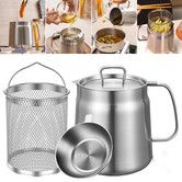 2-in-1 304 Stainless Steel Oil Strainer Pot Large Capacity Oil Filter Pot,Bacon Grease Container with Deep Fryer Basket for Kitchen Camping (68oz/2L)
