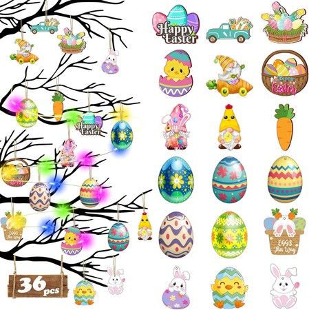 36Pcs Easter Decorations, with Lights, Easter Tree Decoration Easter Wooden Hanging Decorations