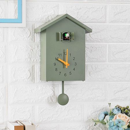 Cuckoo Wall Clock,Cuckoo Bird Voices Call, Design Clock Pendulum, Bird House, Wall Art Home Living Room Kitchen Office Decoration (Green)