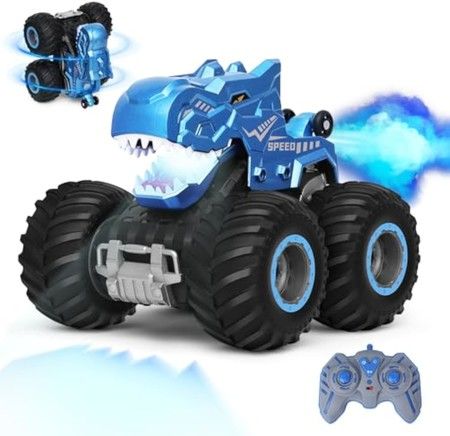 RC Monster Trucks Remote Control Cars Kids Mechanical Dino Toy Stunt Car With Upgraded Wheels Lights Spray,Best Birthday Gift Color Blue