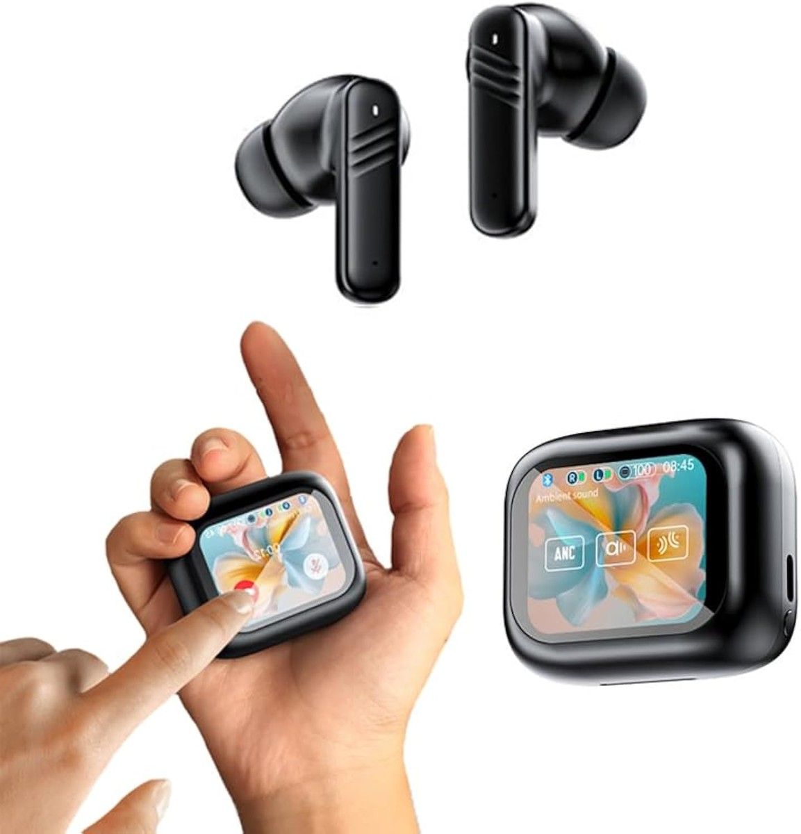 144+ Language Translator Wireless Earbuds Bluetooth Real Smart Translation With Touch screen Active Noise ANC Wireless Charging Case Color Black