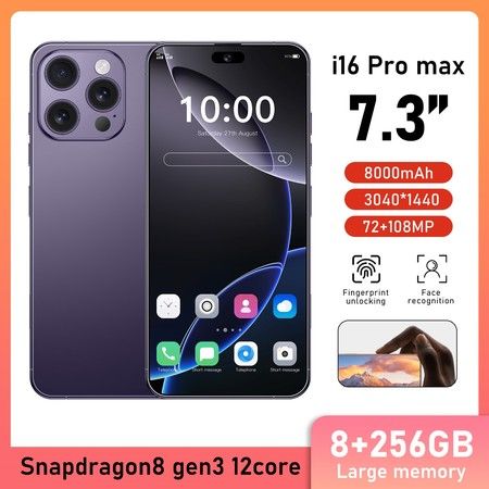 4G Android Smartphone 7.3inch Dual SIM Mobile Phone Unlocked 8GB+256GB With 72+108MP Camera Color Purple