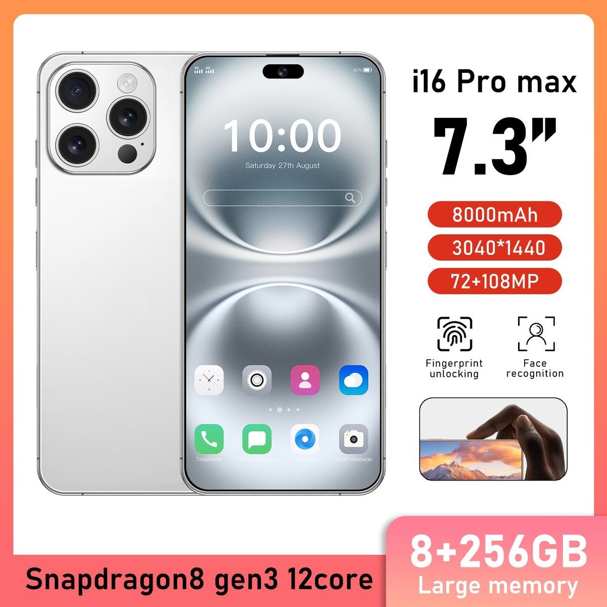 4G Android Smartphone 7.3inch Dual SIM Mobile Phone Unlocked 8GB+256GB With 72+108MP Camera Color White