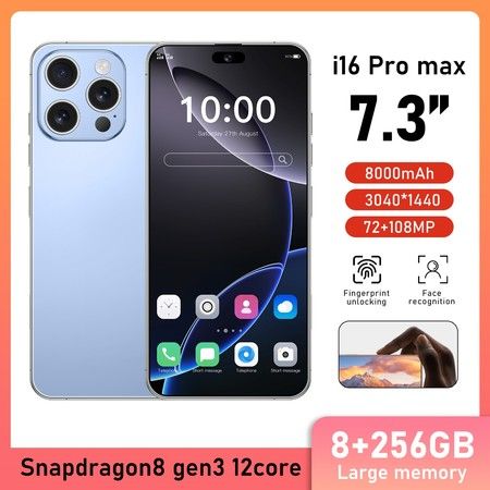 4G Android Smartphone 7.3inch Dual SIM Mobile Phone Unlocked 8GB+256GB With 72+108MP Camera Color Blue