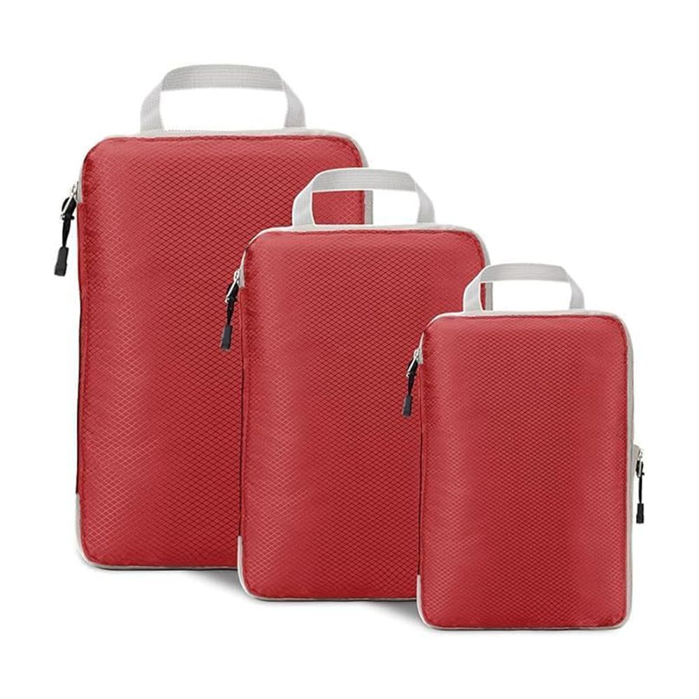 Set of 3 Compression Packing Cubes Super Thin and Sturdy Nylon Expandable Packing Organizer for Travel Accessories Luggage Suitcase (Red)