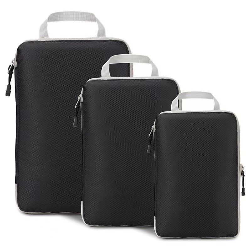 Set of 3 Compression Packing Cubes Super Thin and Sturdy Nylon Expandable Packing Organizer for Travel Accessories Luggage Suitcase (Black)