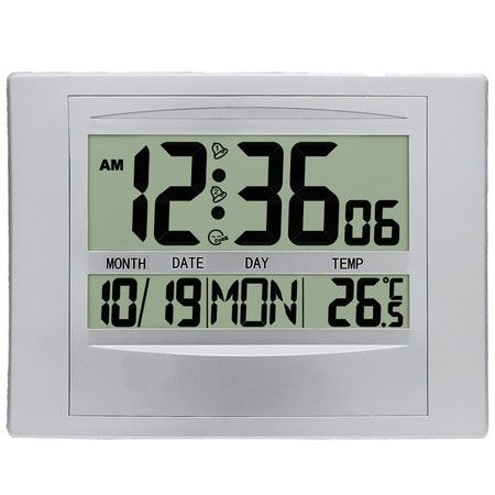 Digital Wall Clock Atomic Desk Alarm Large Display Battery Operated Bedroom Office Indoor Temperature Color Silver