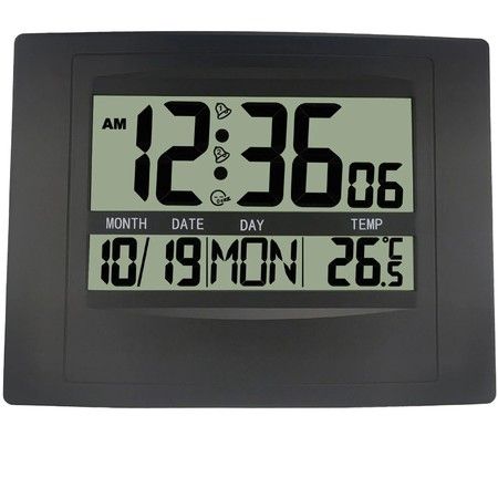 Digital Wall Clock Atomic Desk Alarm Large Display Battery Operated Bedroom Office Indoor Temperature Color Black