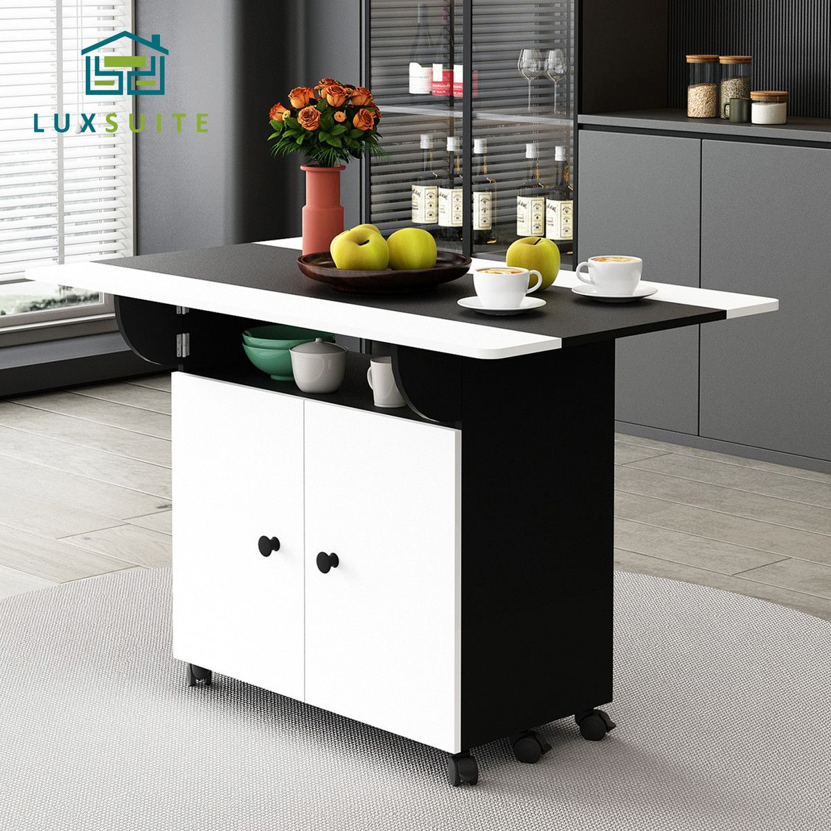 Folding Dining Table with Wheels Extendable Outdoor Furniture Breakfast Room Dinner Kitchen Bar Camp Picnic Desk 2 Storage Cabinets Wood