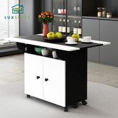 Folding Dining Table with Wheels Extendable Outdoor Furniture Breakfast Room Dinner Kitchen Bar Camp Picnic Desk 2 Storage Cabinets Wood