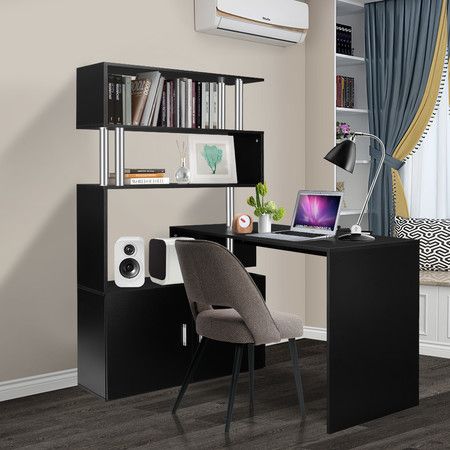 Black Office Computer Desk L Shaped Rotating Corner Study Home Writing Table 4 Bookshelf 2 Cabinet Executive Storage Bedroom Furniture