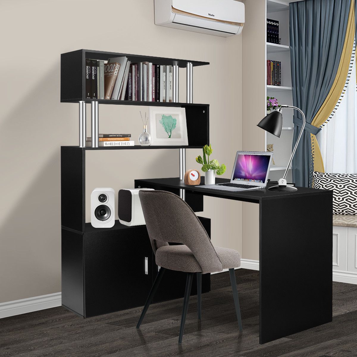 Black Office Computer Desk L Shaped Rotating Corner Study Home Writing Table 4 Bookshelf 2 Cabinet Executive Storage Bedroom Furniture