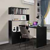 Black Office Computer Desk L Shaped Rotating Corner Study Home Writing Table 4 Bookshelf 2 Cabinet Executive Storage Bedroom Furniture