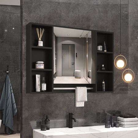 Bathroom Mirror Cabinet Medicine Shaver Shelves Shaving Wall Cupboard Organiser Storage Floating Vanity Furniture With Door Black 90x12x65cm