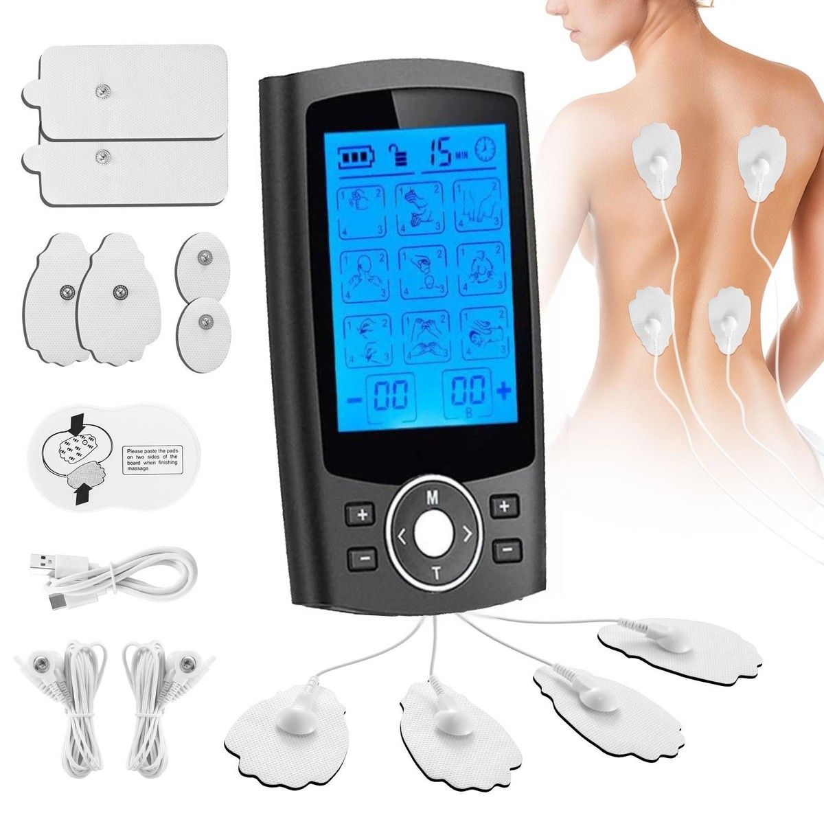 TENS EMS Muscle Stimulator Machine Electric Portable Back Neck Massager Nerve Knee Rechargeable Massage Unit Device 24 Modes