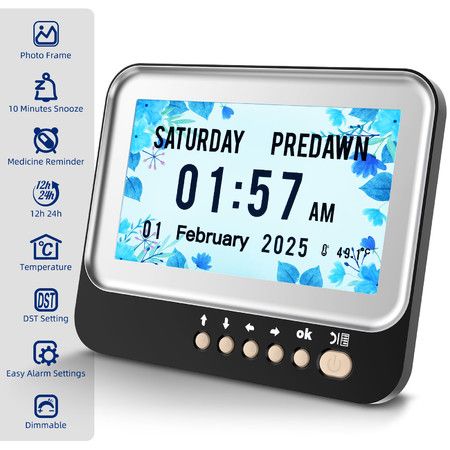 Large Display Alarms and Medicine Reminders  Dementia Clock Seniors 6 Display Modes 7 Inch Digital Clock Auto Dimmable Temperature Date
