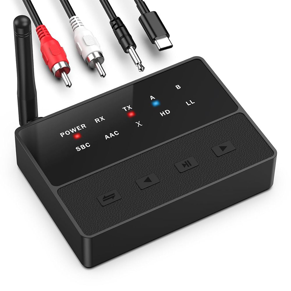 Bluetooth 5.3 Transmitter Receiver, aptX Low Latency HD Bluetooth Receiver for Home Stereo, Bluetooth Wireless Audio Adapter for 2 Headphones