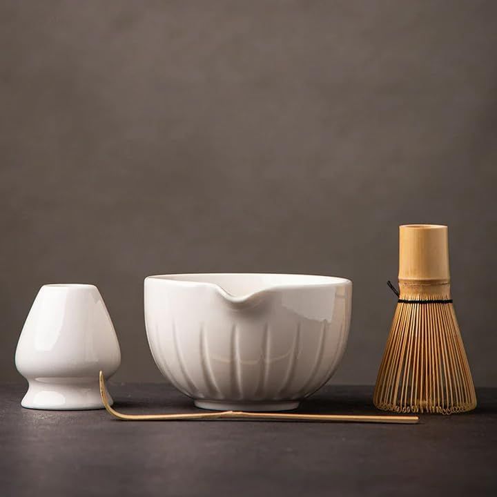 Matcha Set,Match Bowl with Spout and Whisk,15 OZ,Matcha Scoop,Matcha Whisk Stand (Chasen Holder) - 4pc Perfect Matcha Kit for Matcha Tea Ceremony (White)