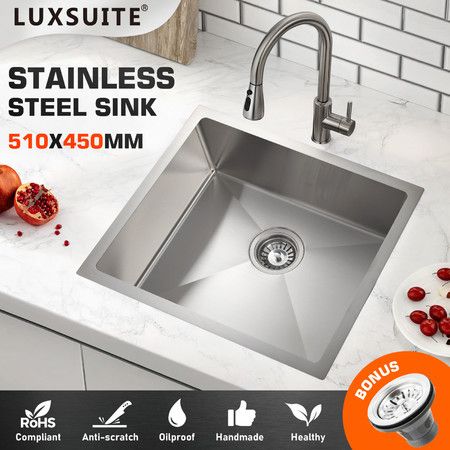 Kitchen Sink Stainless Steel Basin Laundry Drop In Undermount Flush Single Bowl Bar Workstation Handmade Rectangle 304 Waste Drainer Silver 51x45x21cm