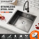 Black Kitchen Sink Stainless Steel Basin Laundry Drop In Undermount Flush Single Bowl Bar Workstation Rectangle Handmade 304 Waste Drainer 51x45x21cm